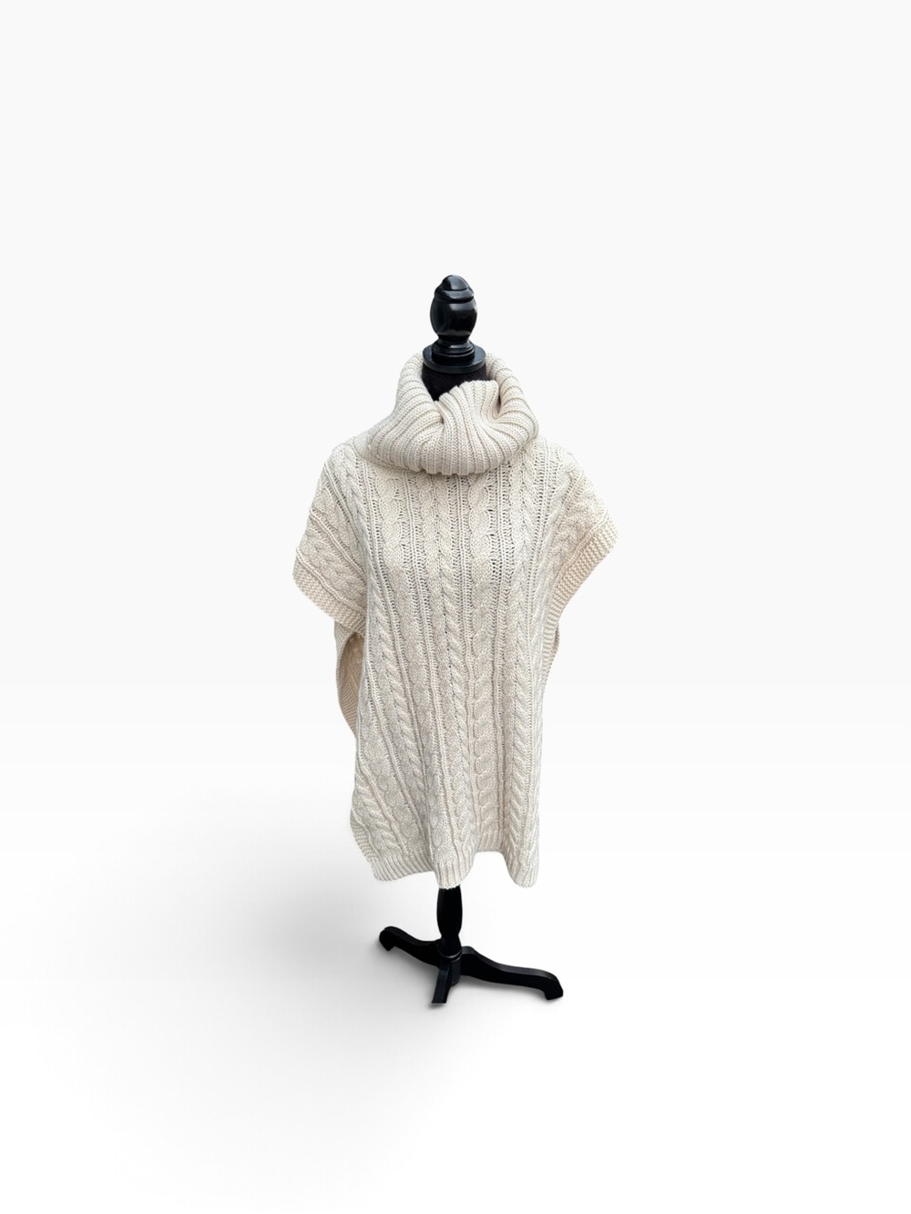 Neutral Cable-Knit Turtleneck Poncho Sweater